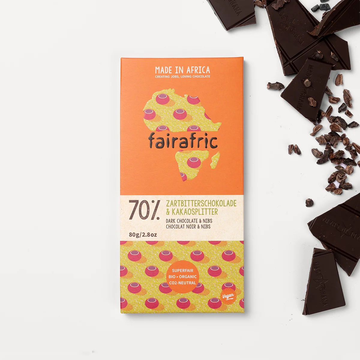 Bio fairtrade 70 % Kakao - Zarbitterschokolade & Kakaosplitter