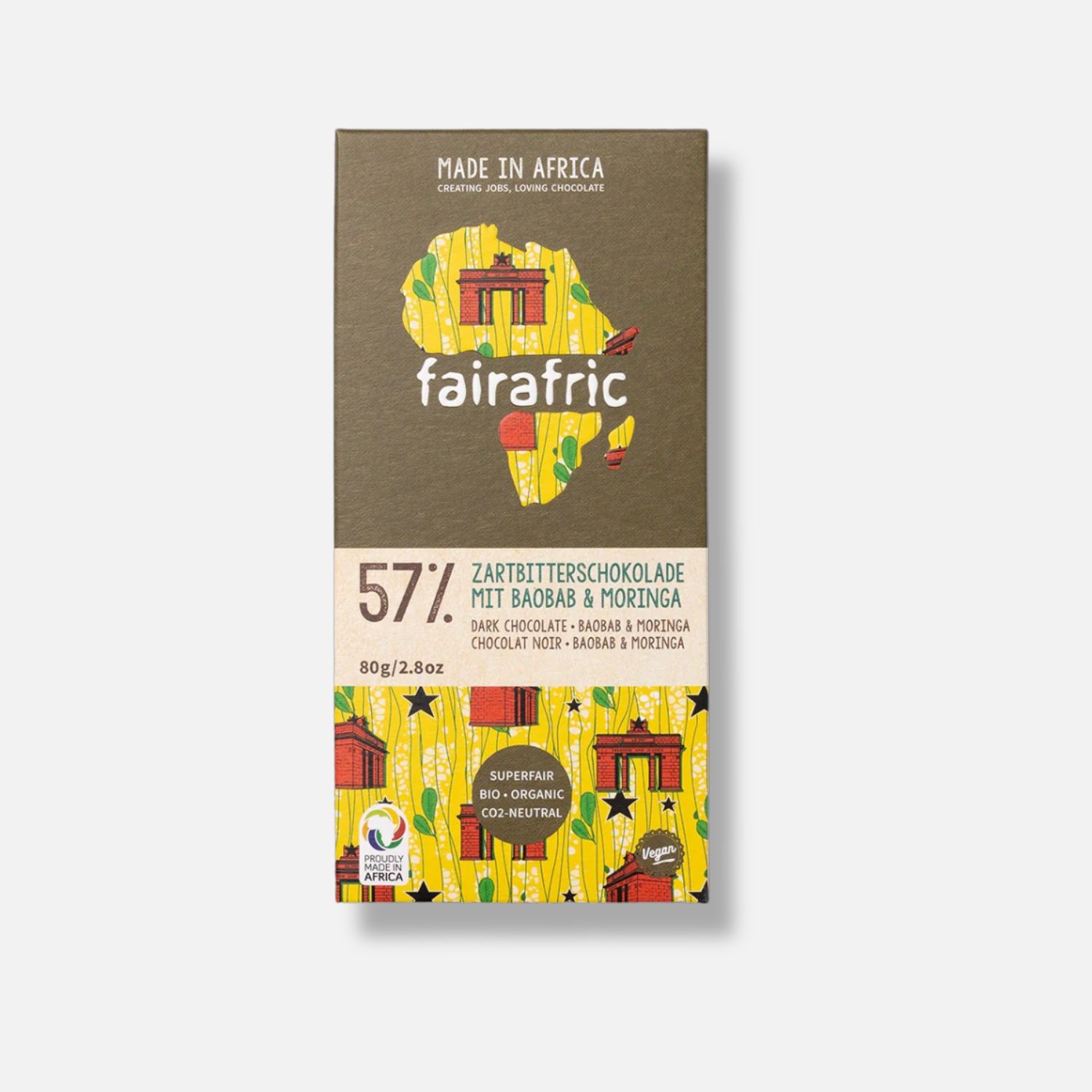 Bio fairtrade 57% Kakao - Zartbitterschokolade Baobab und Moringa