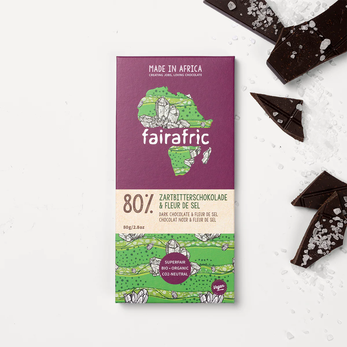 Bio fairtrade 80% Kakao - Zartbitterschokolade & Fleur de Sel