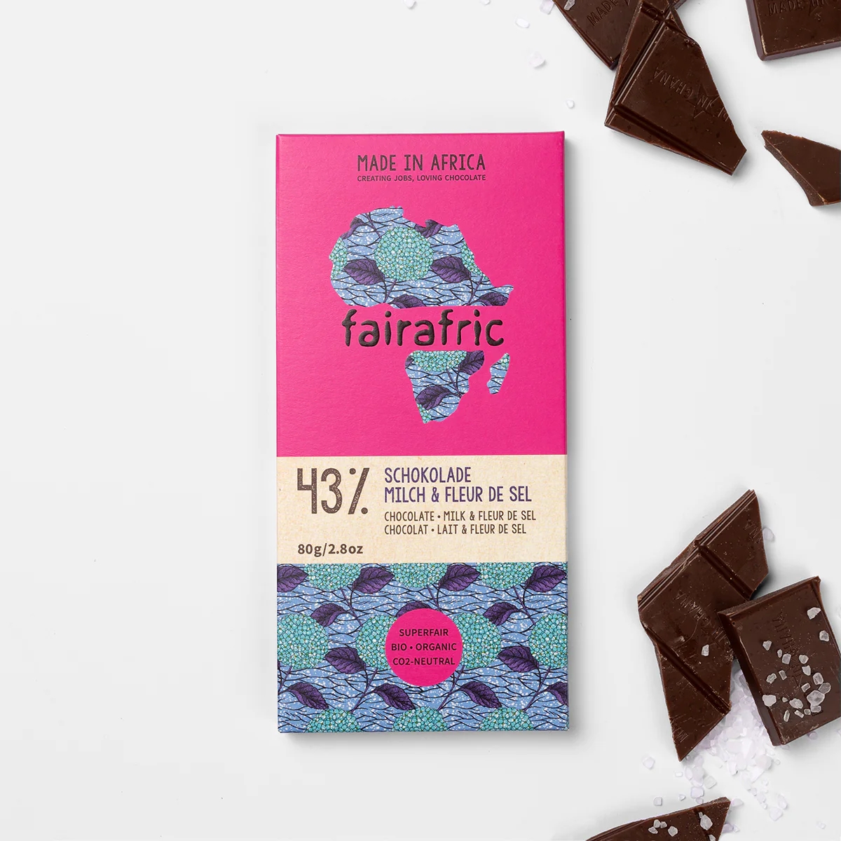 Bio fairtrade 43% Kakao - Milch Schokolade & Fleur de Sel
